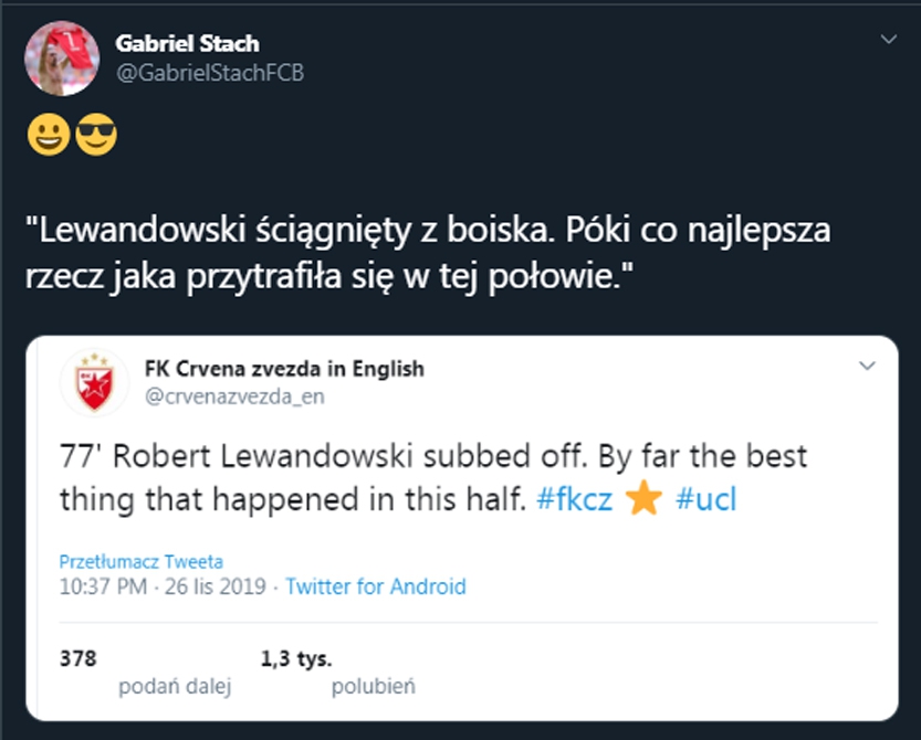 Tweet Crvenej Zvezdy po zejściu Lewandowskiego! :D